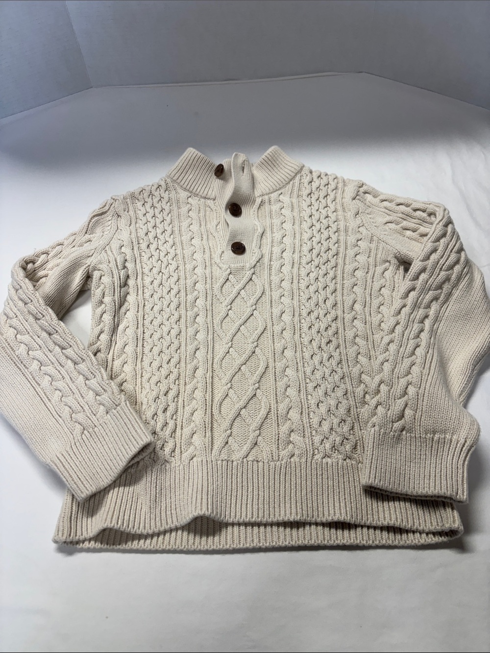 GAP Cream Cable Knit Mock Neck Sweater with Wooden Buttons